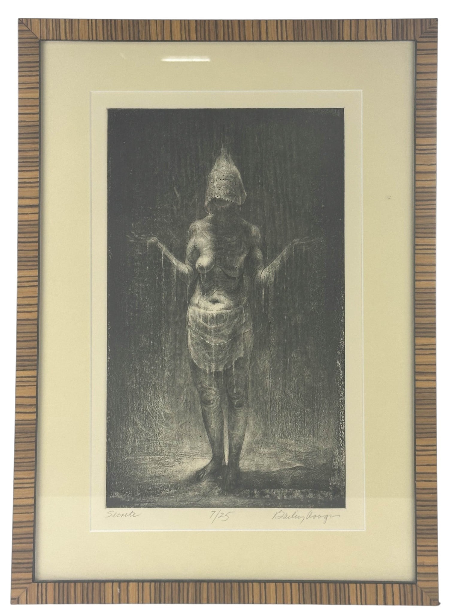 Monochrome Black White Nude female Etching SIGNED: Limited edition black and white etching on paper. Depicts a standing female nude figure with veiled head and outstretched arms in a moody atmospheric setting suggestive of rain or vertical striations 