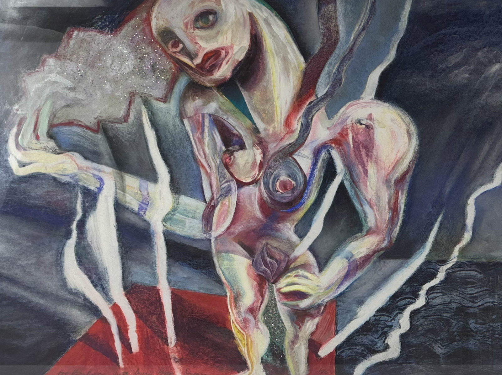 Margaret Bailey Doogan 1941-2022 Gouache Painting: Margaret Bailey Doogan (American,1941-2022) gouache painting on paper. The abstract figural surrealist composition depicts a distorted nude figure with elongated limbs and expressive facial features i