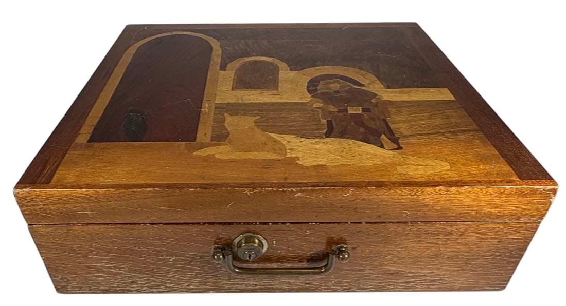 Italian Marquetry Inlaid Wood Box Bronze Handle: Italian marquetry inlaid wood box, rectangular hinged form, figural and geometric inlay with robed figure and animal, bronze tone handle and escutcheon, green felt lined interior with compartments. Di