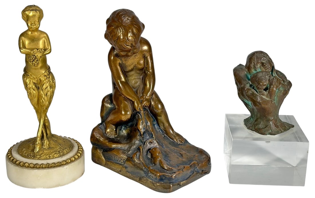 Figural Sculptures Bronze, Brass & Marble 3pc LOT: Group of three figural sculptures. Includes a bronze figure mounted on a lucite base with an illegible mark; a bronze figure with mercury gilt finish on a white marble base, with threaded hole at top 