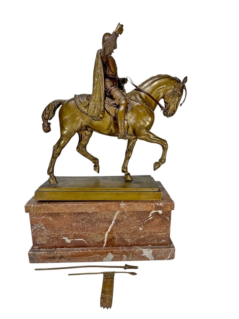 19th C Bronze Equestrian Sculpture Prince A Nevsky: Sculpture depicting Prince Alexander Nevsky (1220-1263), Prince of Novgorod and Grand Prince of Vladimir, a revered Russian military hero and canonized Orthodox saint, celebrated for victories at the 