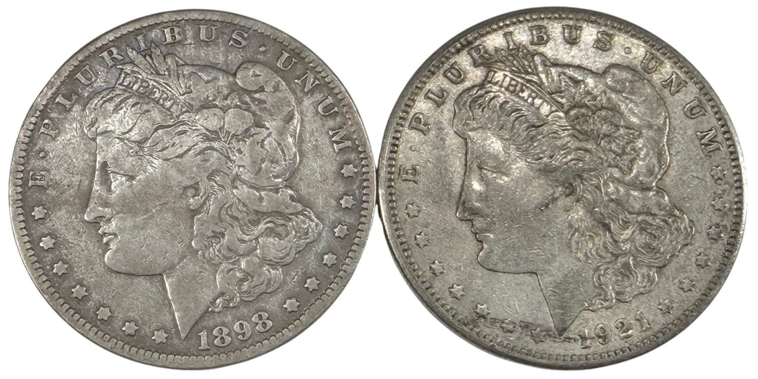 1898/1921 S Morgan Silver San Francisco Coins 2pcs: United States Mint, group of two Morgan silver dollars dated 1898 and 1921 S, approximately 1.5 inches diameter, combined weight 53.1 grams, circulated, 90 percent silver, San Francisco issues. Condit