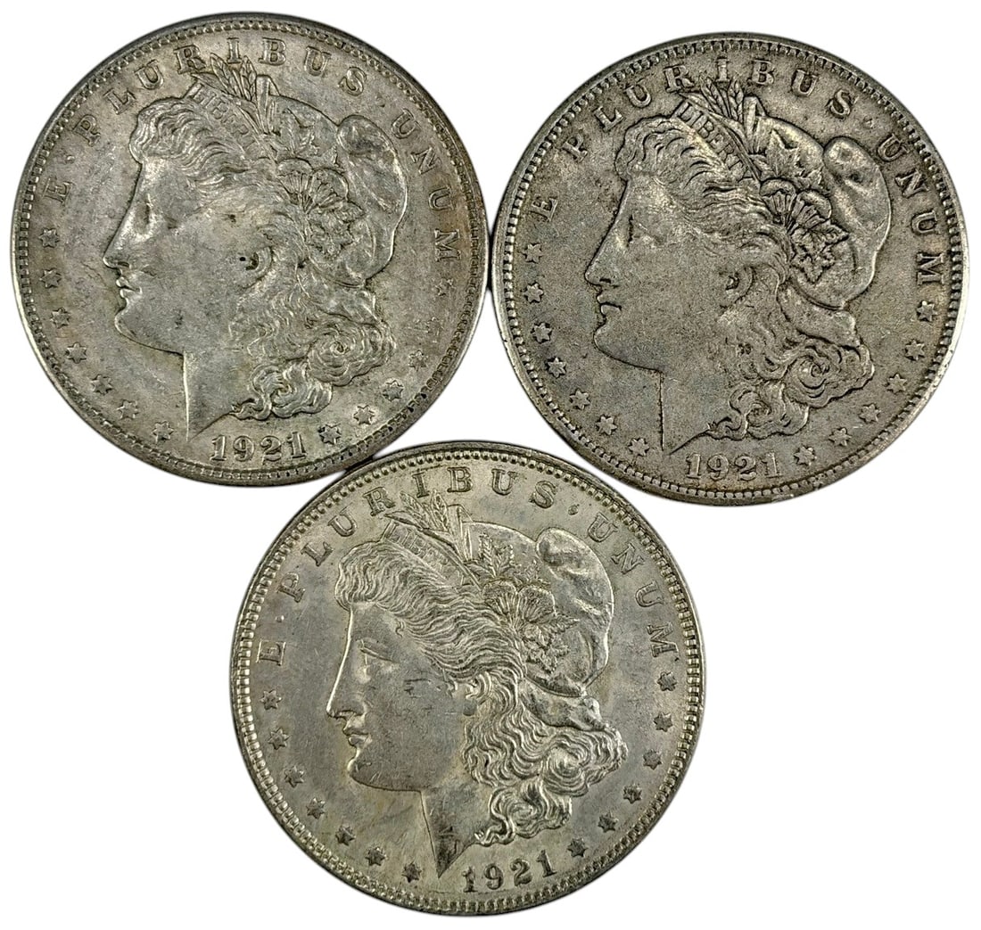 1921 S Morgan Silver San Francisco Coins 3pc LOT: United States Mint, group of three Morgan silver dollars dated 1921 S, approximately 1.5 inches diameter, combined weight 80 grams, circulated, 90 percent silver, San Francisco issues. Condition: Good
