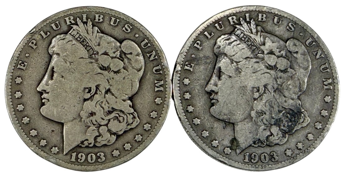 1903 S Morgan Silver San Francisco Coins 2pc LOT: United States Mint, pair of Morgan silver dollars dated 1903 S, approximately 1.5 inches diameter, combined weight 52 grams, circulated, 90 percent silver, San Francisco issues. Condition: Good overal