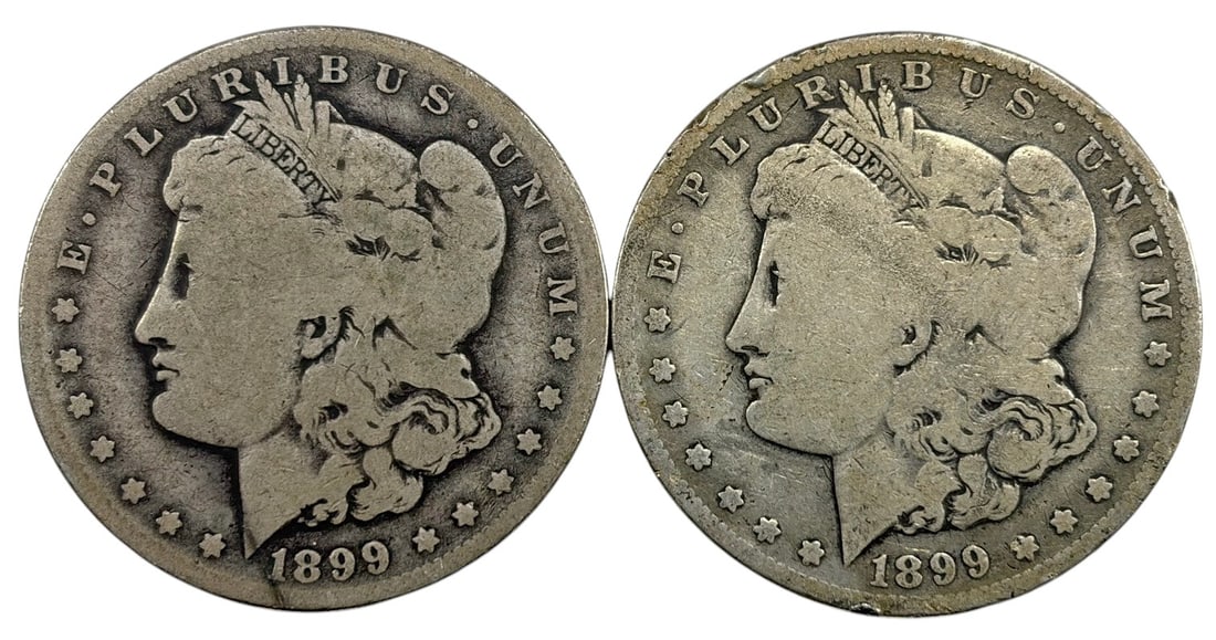 1899 O Morgan Silver Dollar, United States 2pc LOT: United States Mint, pair of Morgan silver dollars dated 1899 O, approximately 1.5 inches diameter, combined weight 51.4 grams, circulated, 90 percent silver. Condition: Good overall condition having n