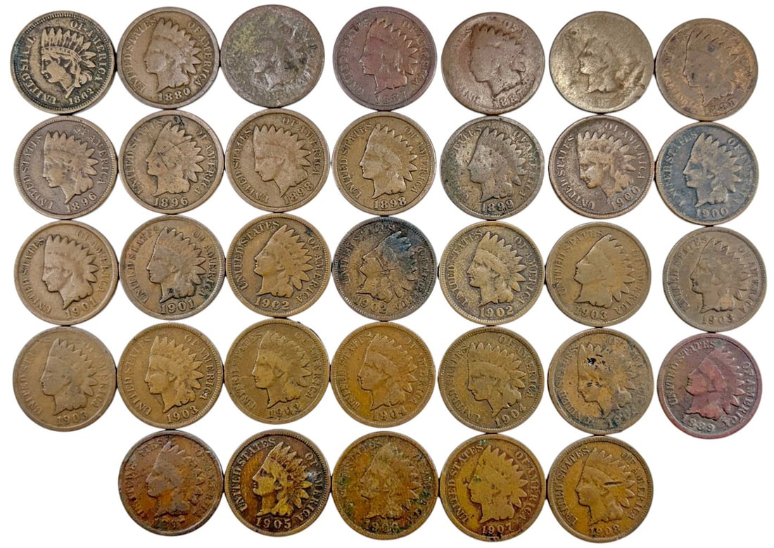 1862 to 1908 Indian Head Penny Coins 33pc LOT: 1862 to 1908 Indian Head Penny Coins, 33 pieces, circulated, approximately 0.75 inch diameter, dates include 1862 (1), 1880 (1), 1881 (1), 1887 (3), 1888 (1), 1889 (1), 1896 (2), 1897 (1), 1898 (2), 1