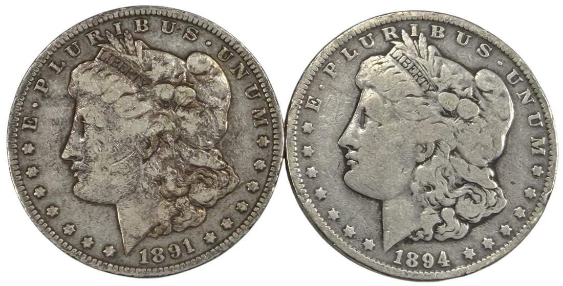 USA 1891-1894 Morgan Silver Dollar Coins 2pc LOT: United States Mint, group of two Morgan silver dollars dated 1891 and 1894 O, approximately 1.5 inches diameter, combined weight 52.6 grams, circulated, 90 percent silver. Condition: Good overall cond