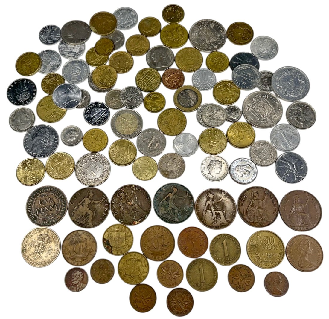 France, England, Canada, Italy, Spain Coins 92pcs: Various world mints, group of 92 international coins including France, England, Canada, Italy, Spain, and others, mixed denominations and compositions, primarily 20th century issues, circulated. Appro