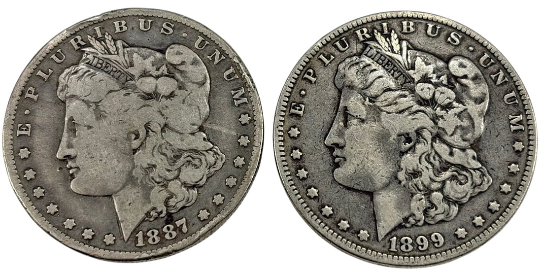 USA 1887-1899 Morgan Silver Dollar Coins 2pc LOT: United States Mint, group of two Morgan silver dollars dated 1887 and 1899 O, approximately 1.5 inches diameter, combined weight 52.4 grams, circulated, 90 percent silver. Condition: Good overall cond