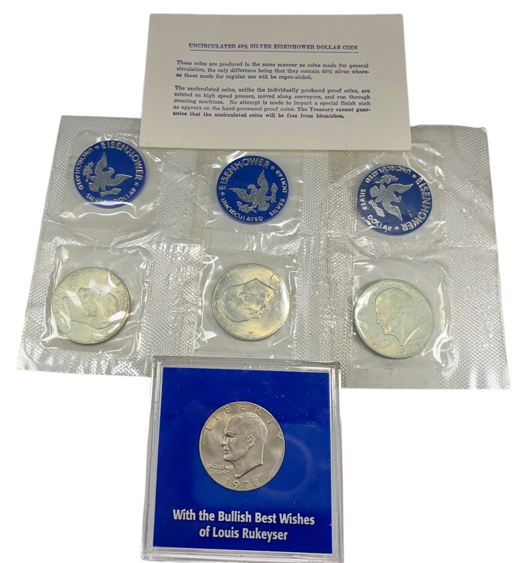 1971/78 Eisenhower Silver Coins Uncirculated 4pcs: United States Mint, group of four Eisenhower silver dollars dated 1971 (3) and 1978 (1), approximately 1.5 inches diameter, 40 percent silver, uncirculated. Condition: Good overall condition having no