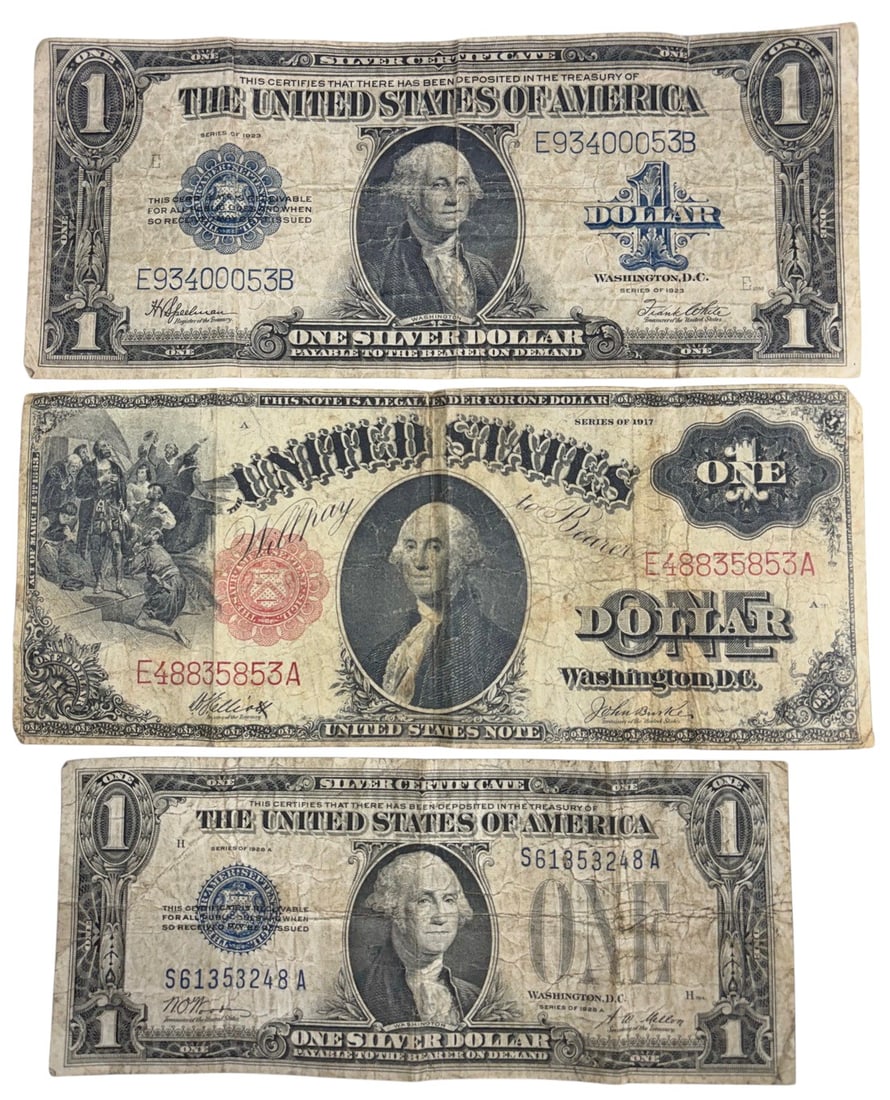 1917/23/28 Washington Blue Seal 1 Dollar Bills 3pc: United States Treasury, group of three One Dollar notes, 1917 red seal, 1923 and 1928 blue seal, large and small size U.S. currency with George Washington portrait. Approximately 3.125 x 7.5 inches. C