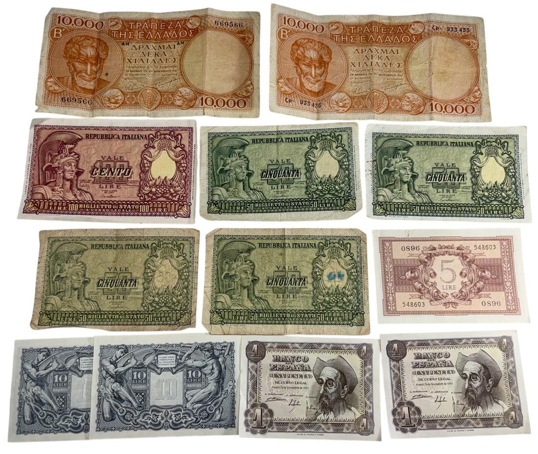 Italian, Greek & Spanish Bill Notes 12pc LOT: Mixed European banknotes, group including Greece 10,000 drachmas (2) dated 1947, Spain 1 peseta (2) dated 1951, Italy 5 lire (1) and 10 lire (2) dated 1944, 50 lire (4) and 100 lire (1) dated 1951, ci