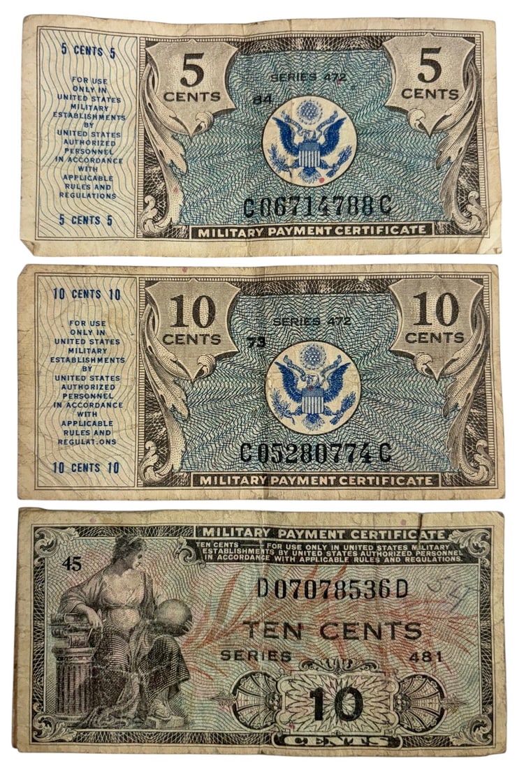 1948/51 US Military Payment Certificates 4pc LOT: United States Treasury, group of four Military Payment Certificates, Series 472, denominations 5, 10, and 25 cents, used between 1948 and 1951, issued for U.S. military use overseas, approximately 2.2