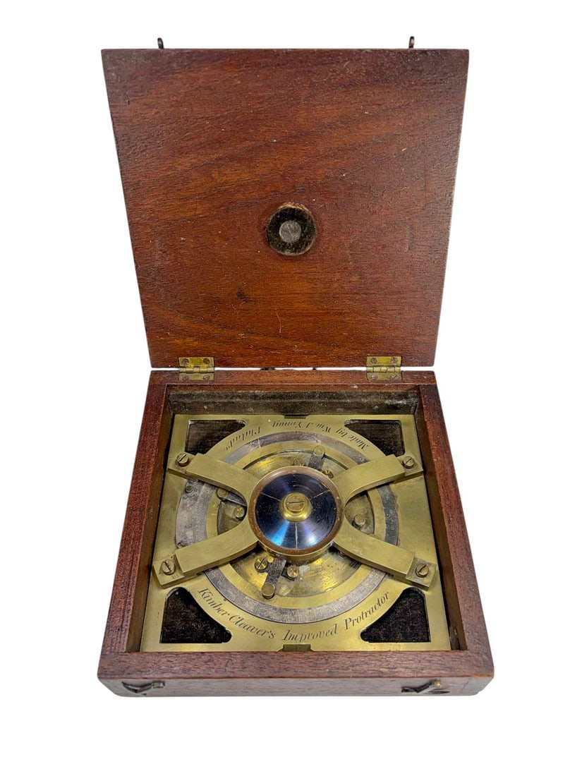 Kimber Cleaver's Marking Protractor by W. J. Young: W. J. Young, Kimber Cleaver's Improved Protractor, Kimber Cleavers marking protractor, American, boldly made by Wm. J. Young & Sons circa 1858, Philadelphia, PA, precision brass surveying instrument w