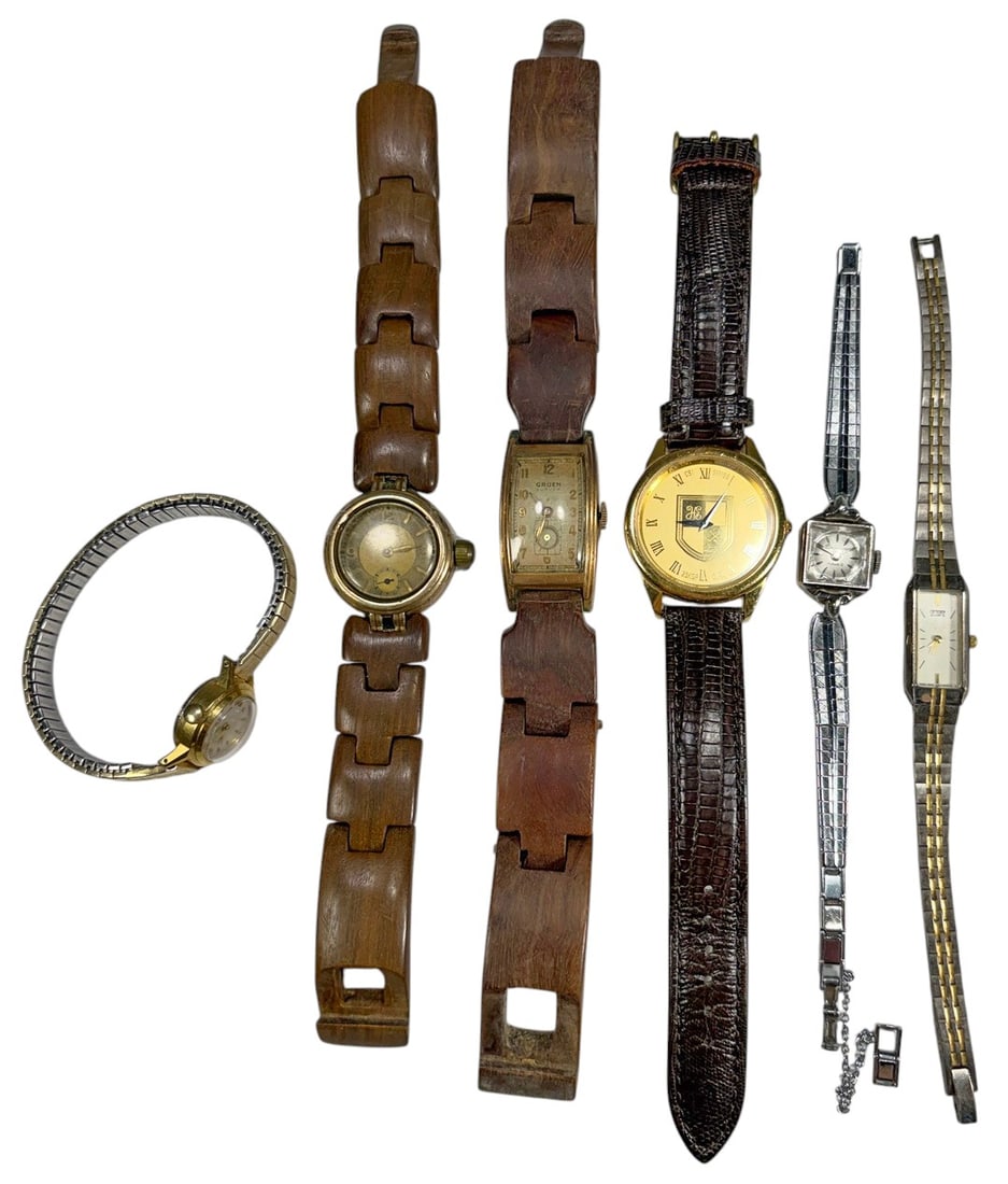 Eska, Elgin, Citizen, Gruen & Others Watches 6pcs: Gruen, Elgin, Citizen, Eska and others, group of six vintage wrist watches, assorted styles and cases, some with metal bracelets and expansion bands. The largest measures approximately 9.25 inches tal