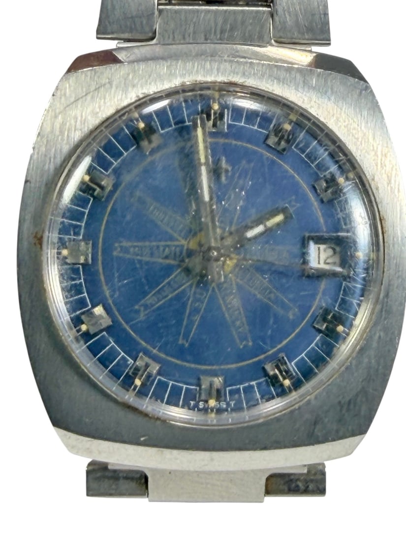 1970 Hamilton 822007-3 Stainless Steel Watch: Hamilton, stainless steel wrist watch model 822007-3, blue dial with date display, automatic, waterproof, tonneau shaped case with bracelet, approximately 1.375 x 1.5 inches, mid to late 20th century.
