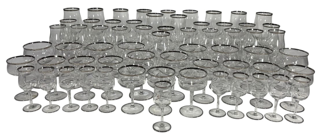 Orrefors Style Silver Rim Stemware Glass Set 63pcs (1 of 6)