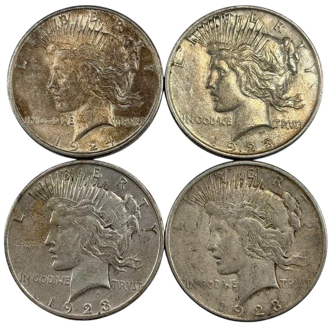 1923/24 Peace Silver Dollar Lady Liberty Coins 4pc: United States Mint, group of four Peace silver dollars dated 1923 and 1924, approximately 1.5 inches diameter, combined weight 106.7 grams, circulated, Lady Liberty design by Anthony De Francisci, 90 