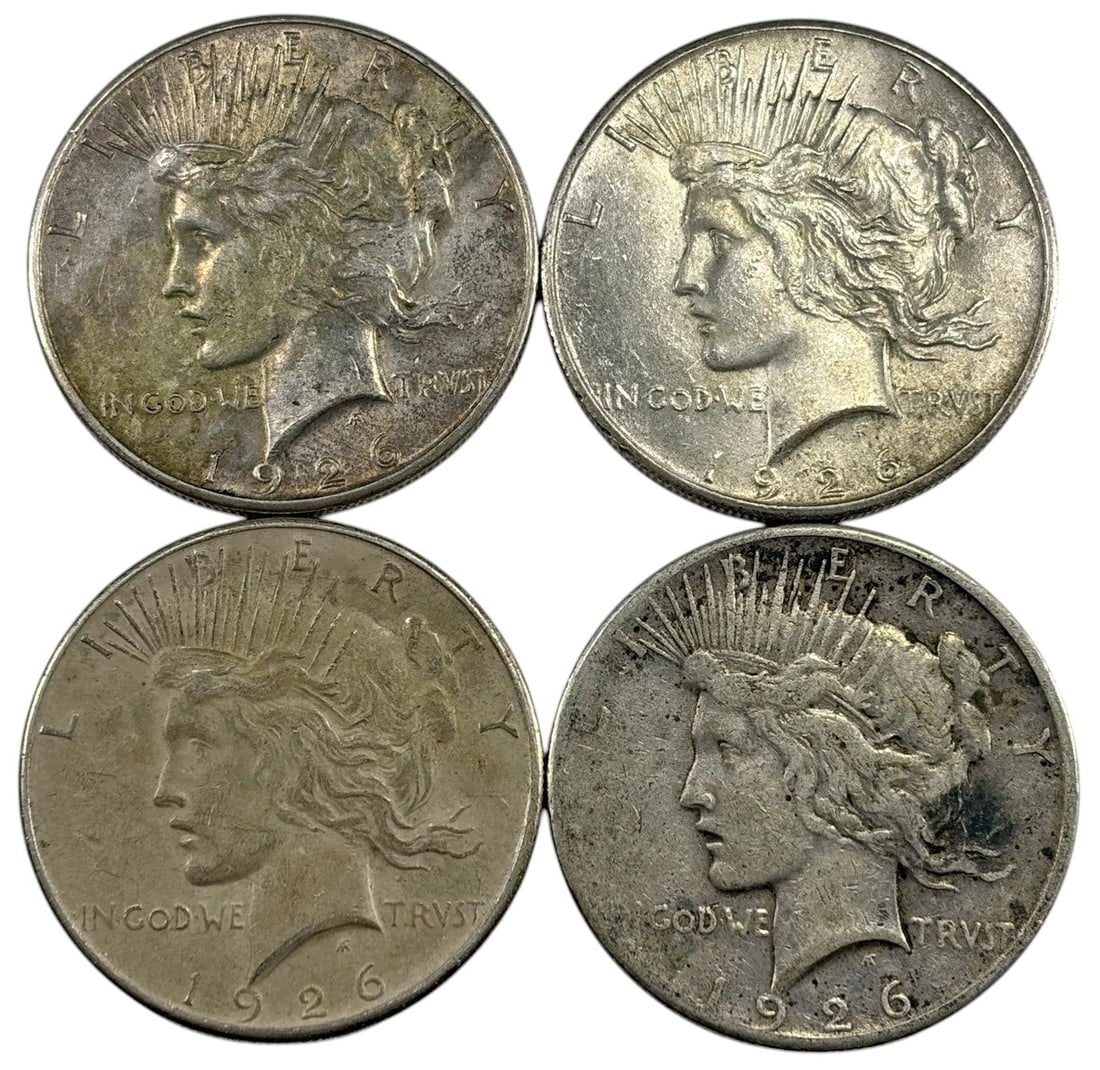 1926 Peace Silver Dollar Lady Liberty Coins 5pcs: United States Mint, group of five Peace silver dollars dated 1926, approximately 1.5 inches diameter, combined weight 106.7 grams, circulated, Lady Liberty design by Anthony De Francisci, 90 percent s