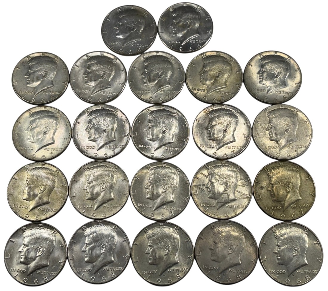 1965/66/67/68 Kennedy Half Dollar Coins 22pc LOT: United States Mint, group of 22 Kennedy half dollars dated 1965-1968, combined weight 253 grams, circulated, 40 percent silver, includes 1 coin 1965, 4 coins 1966, 11 coins 1967, 6 coins 1968, approxi