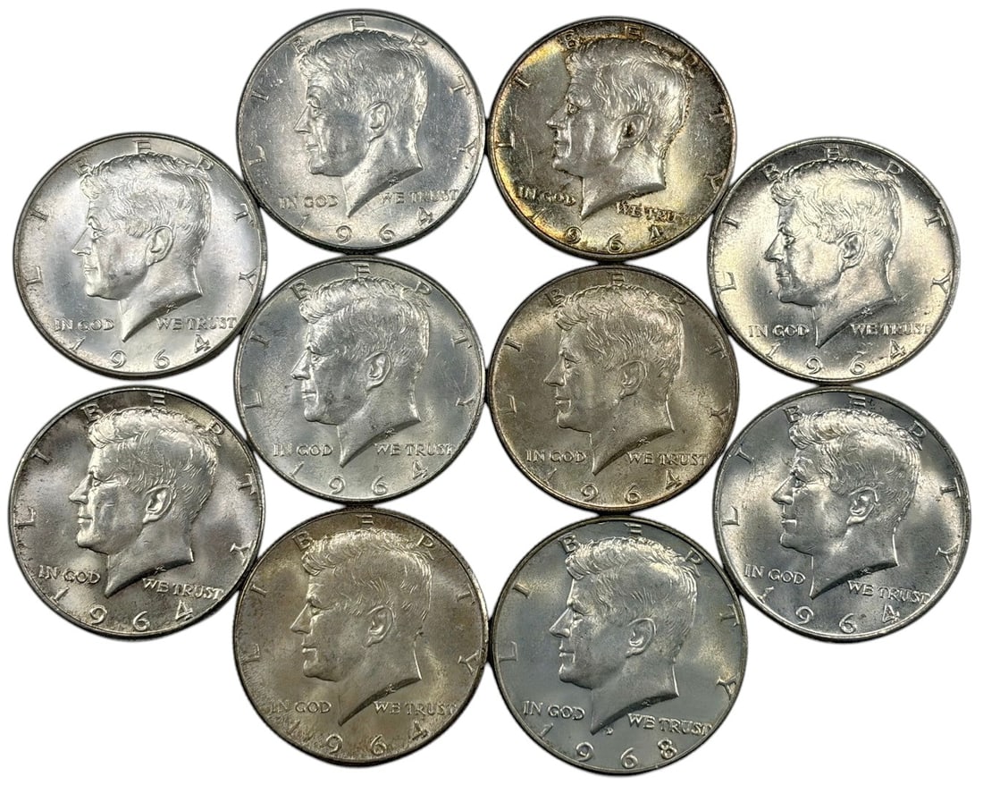 1964/68 Kennedy Half Dollar Coins 10pc LOT: United States Mint, group of 10 Kennedy half dollars dated 1964 and 1968, approximately 1.25 inches diameter, combined weight 123.3 grams, circulated, 40 percent silver, includes 1 coin 1968, 9 coins 