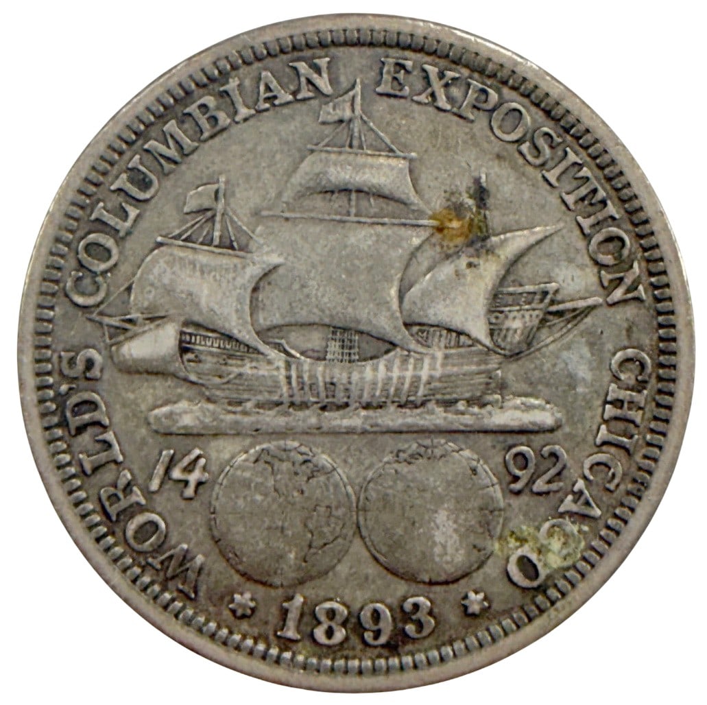 1893 Columbian Exposition Chicago Half Dollar Coin: United States Mint, 1893 Columbian Exposition Chicago commemorative half dollar, approximately 1.875 inches diameter, 12.4 grams, circulated, 90 percent silver, first U.S. commemorative coin honoring 