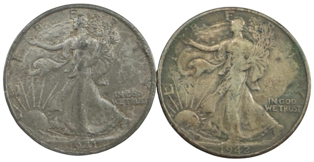 1941/42 Walking Liberty Half Dollar Coins 2pc LOT: United States Mint, pair of Walking Liberty half dollars dated 1941 and 1942, approximately 1.875 inches diameter, combined weight 21.9 grams, circulated, 90 percent silver. Condition: Good overall co