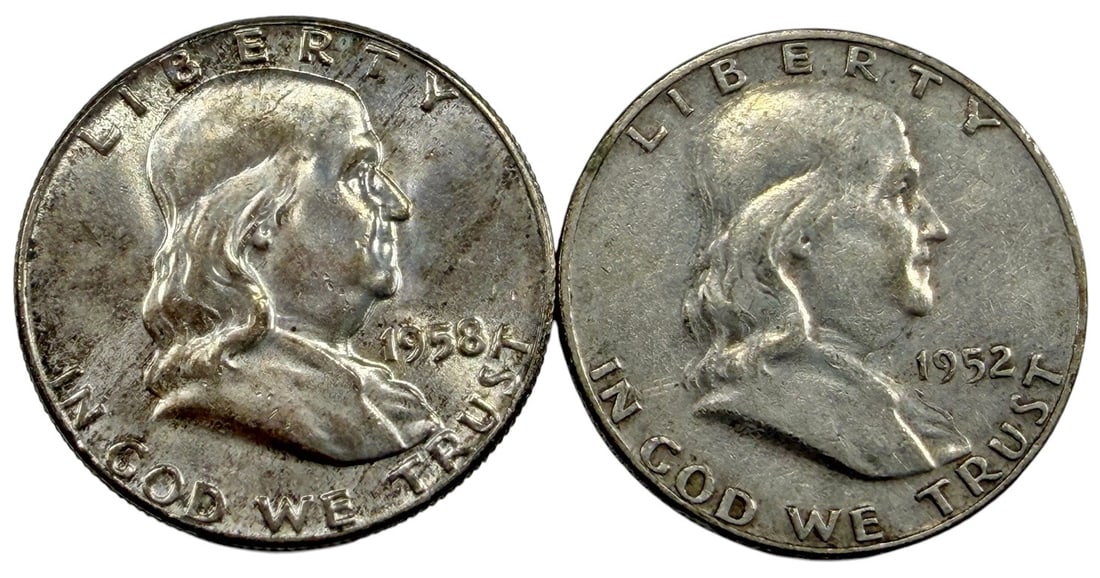 1952/58 Franklin Silver Half Dollar Coin 2pc LOT: United States Mint, pair of Franklin half dollars dated 1952 and 1958, approximately 1.875 inches diameter, combined weight 25 grams, circulated, 90 percent silver. Condition: Good overall condition h