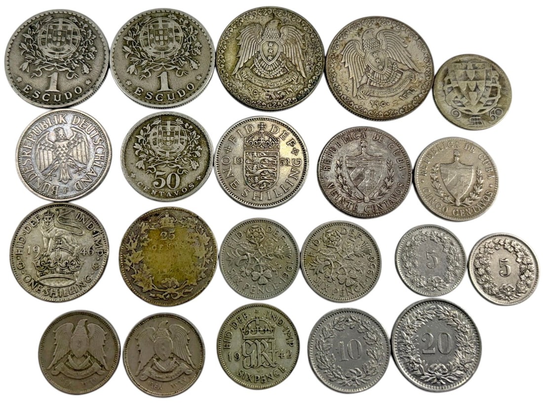 England, Germany, Portugal, Cuba, Egypt Coins 21pc: Various mints, group of 21 world coins including England, Germany, Portugal, Cuba, Egypt, mixed denominations, mid 20th century issues, circulated, diverse international assortment. Largest coin appro
