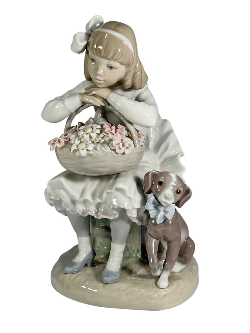 Lladro Girl with Dog & Flowers Basket Fig 1088: Lladro Spain, glazed porcelain figurine of a seated girl with flower basket and dog, soft pastel tones with detailed blossoms and painted accents. Marked 'Hand Made in Spain' to its base. Dimensions: 