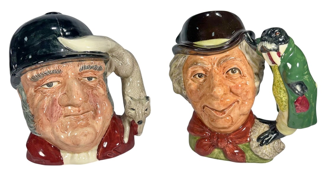 Royal Doulton Ceramic Character Jugs Figural 2pcs: Royal Doulton, pair of ceramic character jugs The Walrus and Carpenter and Gone Away, figural forms with detailed modeling. Both are marked, with model numbers. The largest measures approximately 7.5 