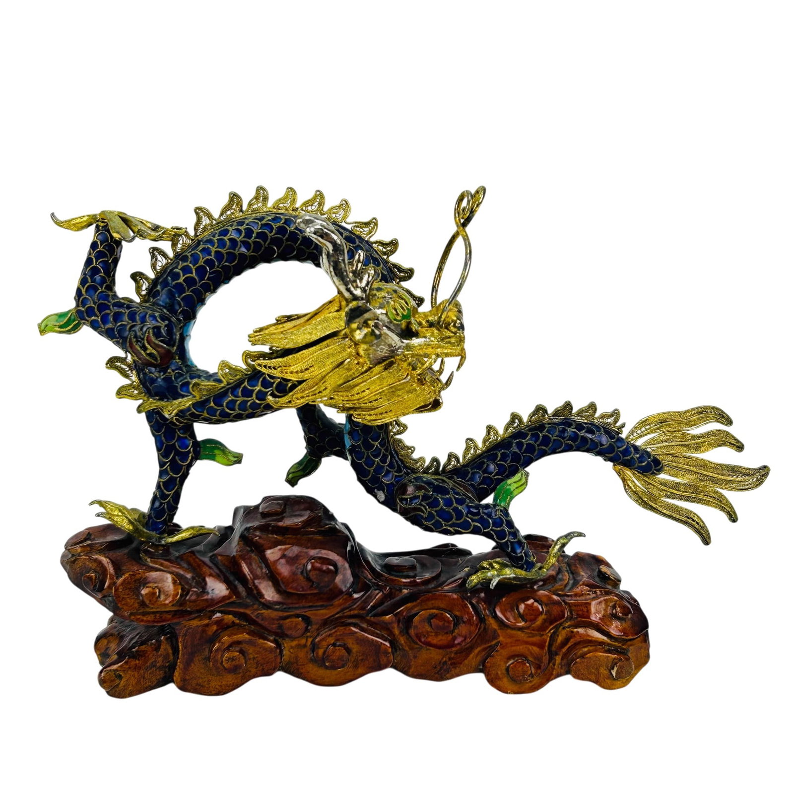 Chinese Cloisonne Enamel 5 Claw Dragon Sculpture: Chinese cloisonne and enamel figure depicting the mythological and ferocious legendary dragon creature. Modeled in a coiled pose with detailed head, claws and tail, featuring a blue enamel body with g