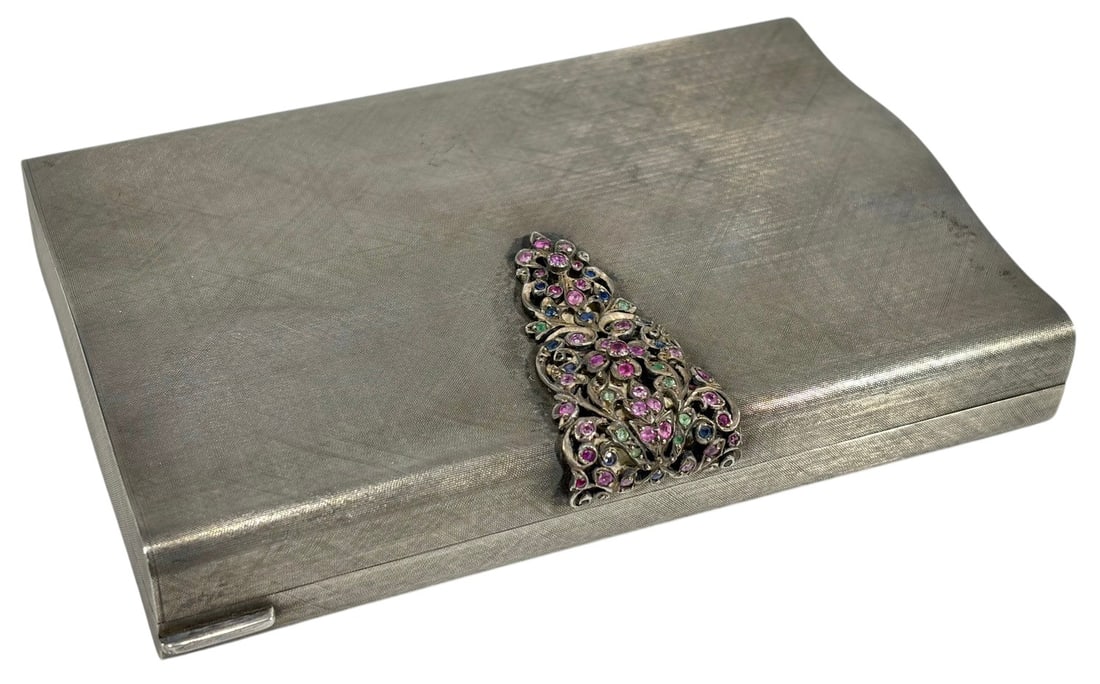 Italian Sterling 925 & Glass Stones Makeup Case: Italian sterling silver 925 makeup compact, rectangular form, textured exterior, jeweled clasp with multicolor stones, interior mirror and compartment sections, includes small internal box, marked 925
