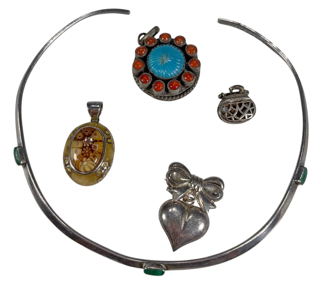 Sterling Jewelry Necklace, Pendants & Brooch 5pcs: Group of five sterling silver jewelry pieces including one collar necklace, three pendants, and one brooch. The collar necklace features malachite inlay accents. One circular pendant includes coral-to