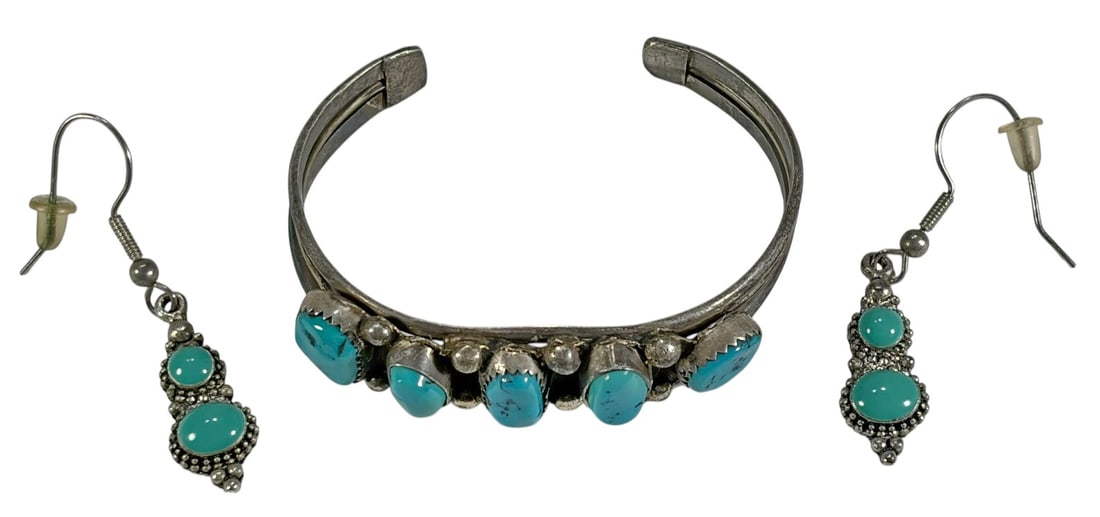 Sterling Silver 925 Turquoise Cuff & Earrings 3pcs: Sterling silver (marked 925) jewelry set including a cuff bracelet and a pair of matching drop earrings. The bracelet features multiple oval turquoise cabochons set in a row with decorative silverwork