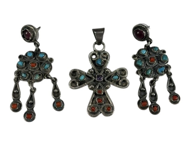 Mexican Sterling Silver Pendant & Earrings 3pcs: Three pieces lot of Mexican sterling silver jewelry including cross pendant and pair of dangle earrings. Set with turquoise, red coral, and purple stone applications. Traditional Native Mexican design