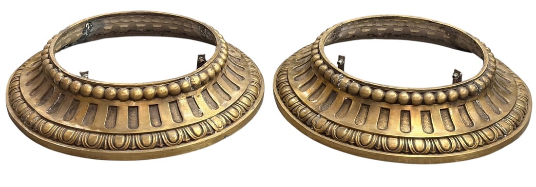 VTG Pair of Solid Bronze Ceiling Light Fixture: Vintage pair of gilt bronze ceiling light mounts or collars with neoclassical decoration including beaded and fluted details, no glass, fitted with interior brackets, decorative architectural elements
