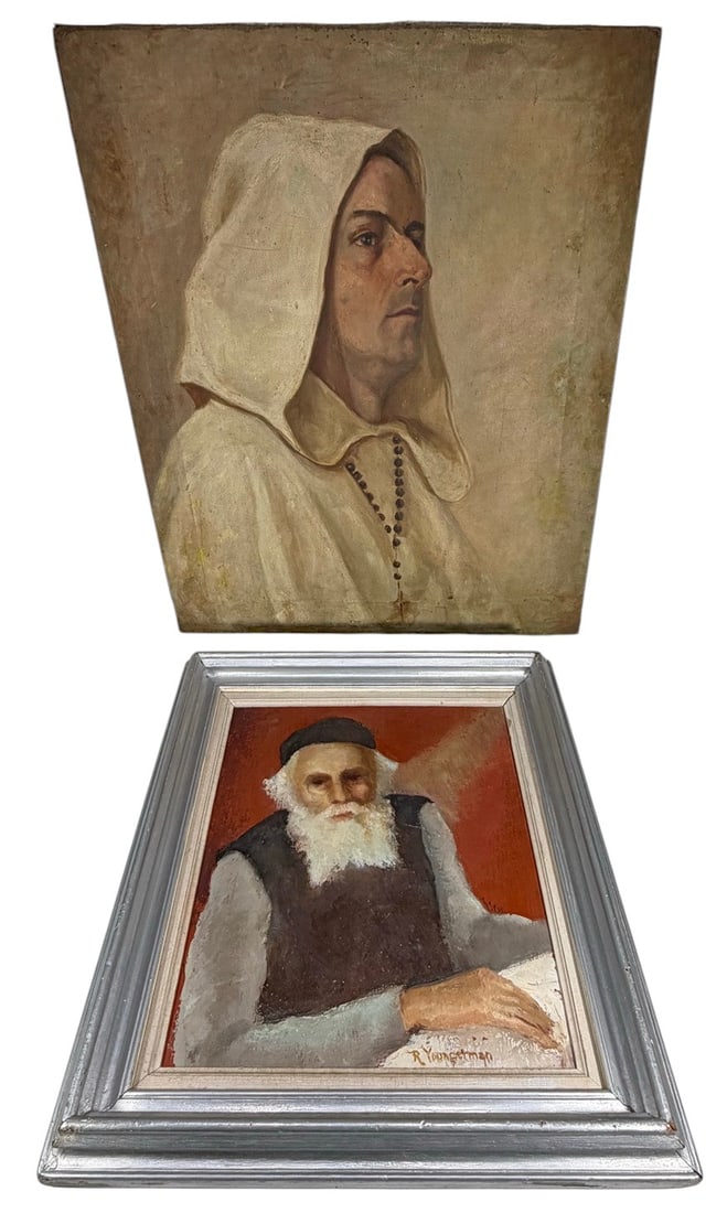 Reyna Youngerman & Other Paintings 2pc LOT: Group of two paintings including a signed oil on board portrait of a bearded man by Reyna Youngerman, framed, and an unsigned oil on canvas portrait of a hooded figure, unframed. Includes biographical