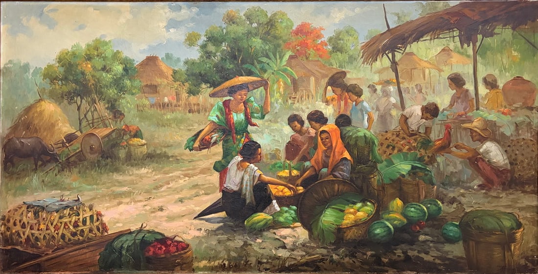 Oscar T Navarro (1921-1973) Village Scene Painting (1 of 6)