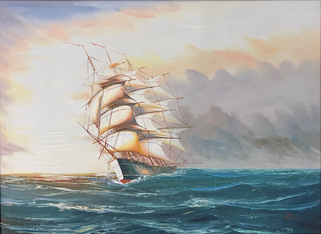 Large Sailing Ship Oil Painting on Canvas SIGNED: Bittel, large maritime oil painting depicting a fully rigged sailing ship at sea under dramatic sky, detailed rigging and waves, signed to the lower right, in ornate gilt carved frame. Work Size: 36 x