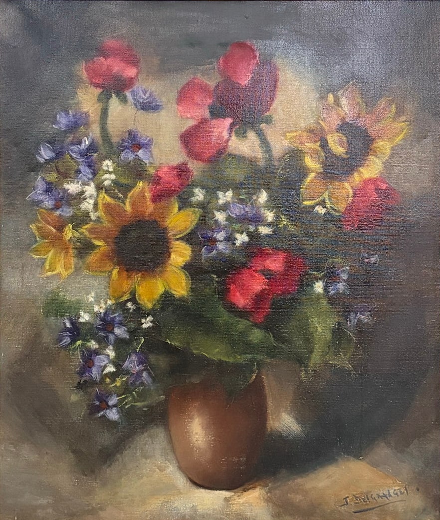Vintage Still Life Oil Painting on Canvas SIGNED: Signed, vintage oil on canvas still life of mixed flowers including sunflowers and red blossoms in a vase, soft impressionistic style with muted background, signed lower right, in gilt frame. Work Siz