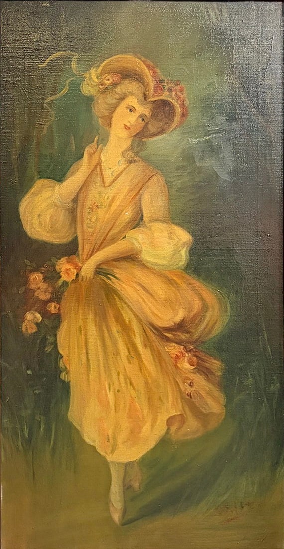 VTG Lady on Dress Oil Painting on Board SIGNED: Vintage oil on board depicting a lady in period attire with flowing dress, hat, and flowers, soft romantic style with muted background, signed to the lower right, in ornate gilt frame. Work Size: 30.5