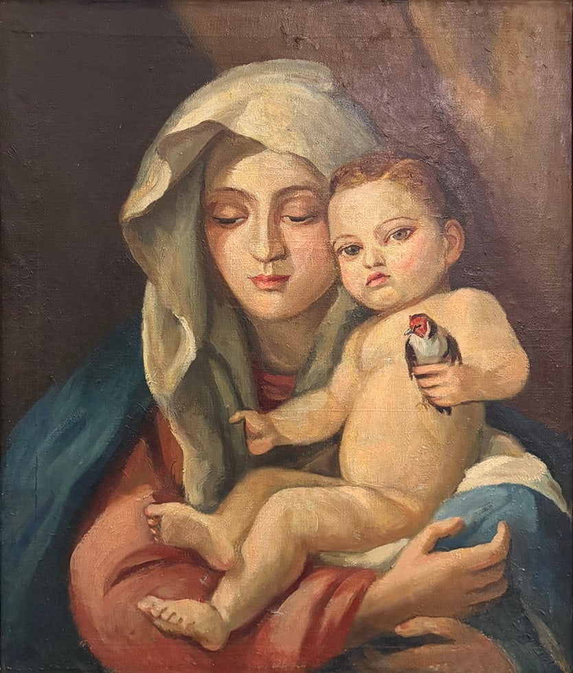 Antique Madonna & Child Oil Painting on Canvas: European school, antique oil on canvas Madonna and Child depicting the Virgin Mary holding the Christ child, traditional religious scene with soft modeling and warm tones, in wood frame. Work Size: 23