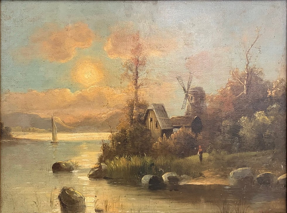 Signed H. Volpini Landscape Oil Painting on Canvas: H. Volpini, oil painting on canvas landscape of lakeside sunset with sailboat, mill, and figure, warm tones with atmospheric depth and distant mountains, signed, in ornate gilt frame. Work Size: 19.75