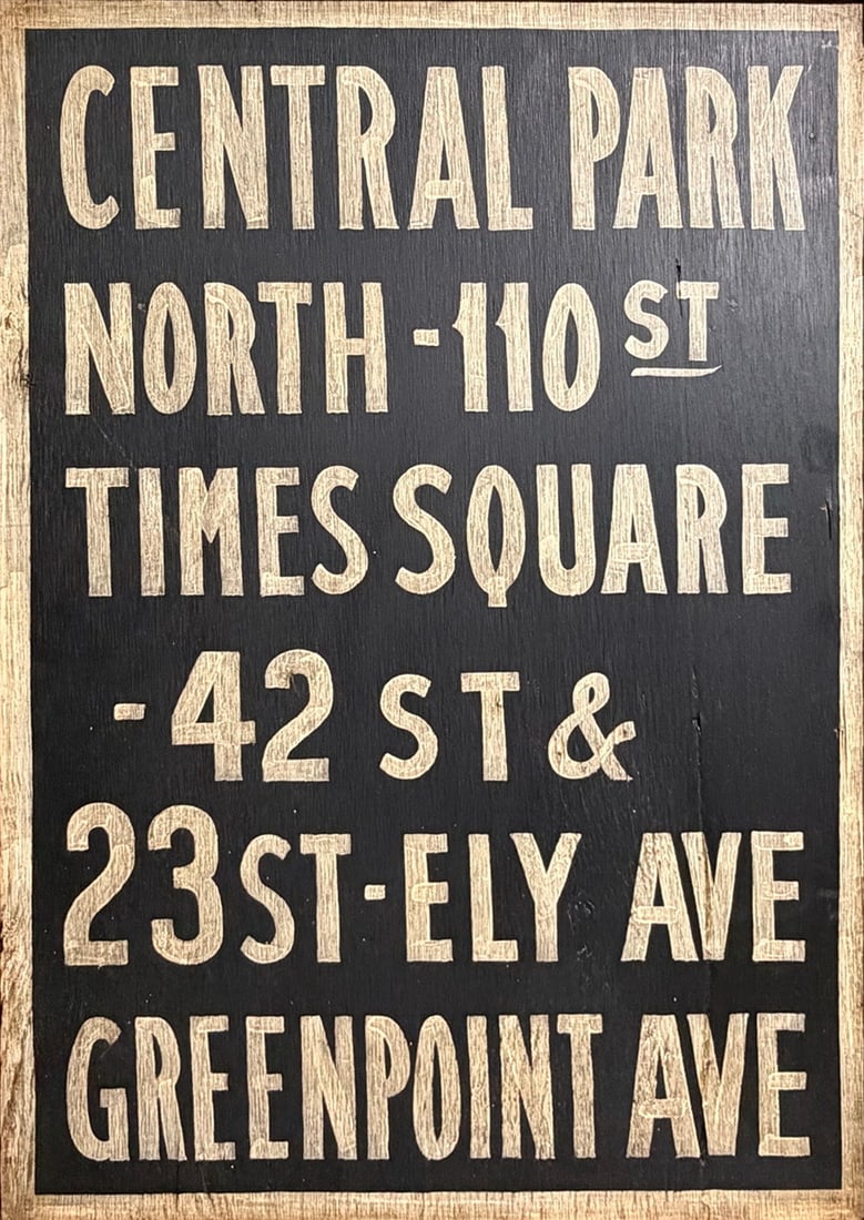New York City Subway & St Locations Wood Panel: Contemporary, New York City subway style wood panel sign with distressed cream block lettering on black ground, listing locations, vintage transit design, framed. Work Size: 23.75 x 16.25 in. Dimensio