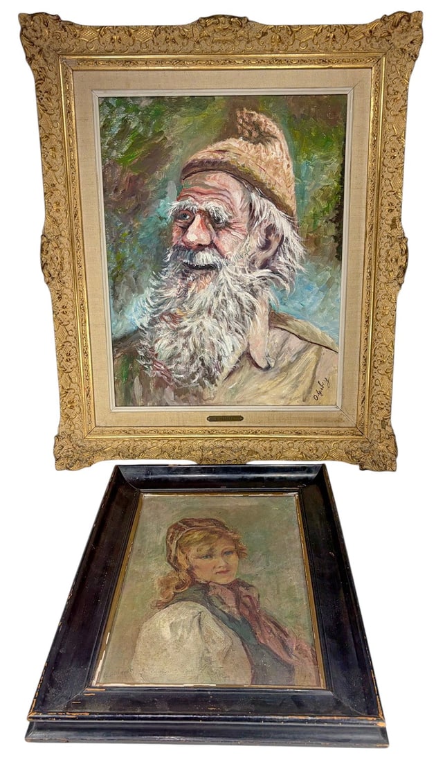 Signed F. Briano & O. Gerberg Oil on Canvas 2pcs: O. Gerberg and F. Briano, pair of oil on canvas portraits of an elderly man and a young woman, expressive and soft impressionistic styles, signed, in gilt carved and wood frames. Largest example measu