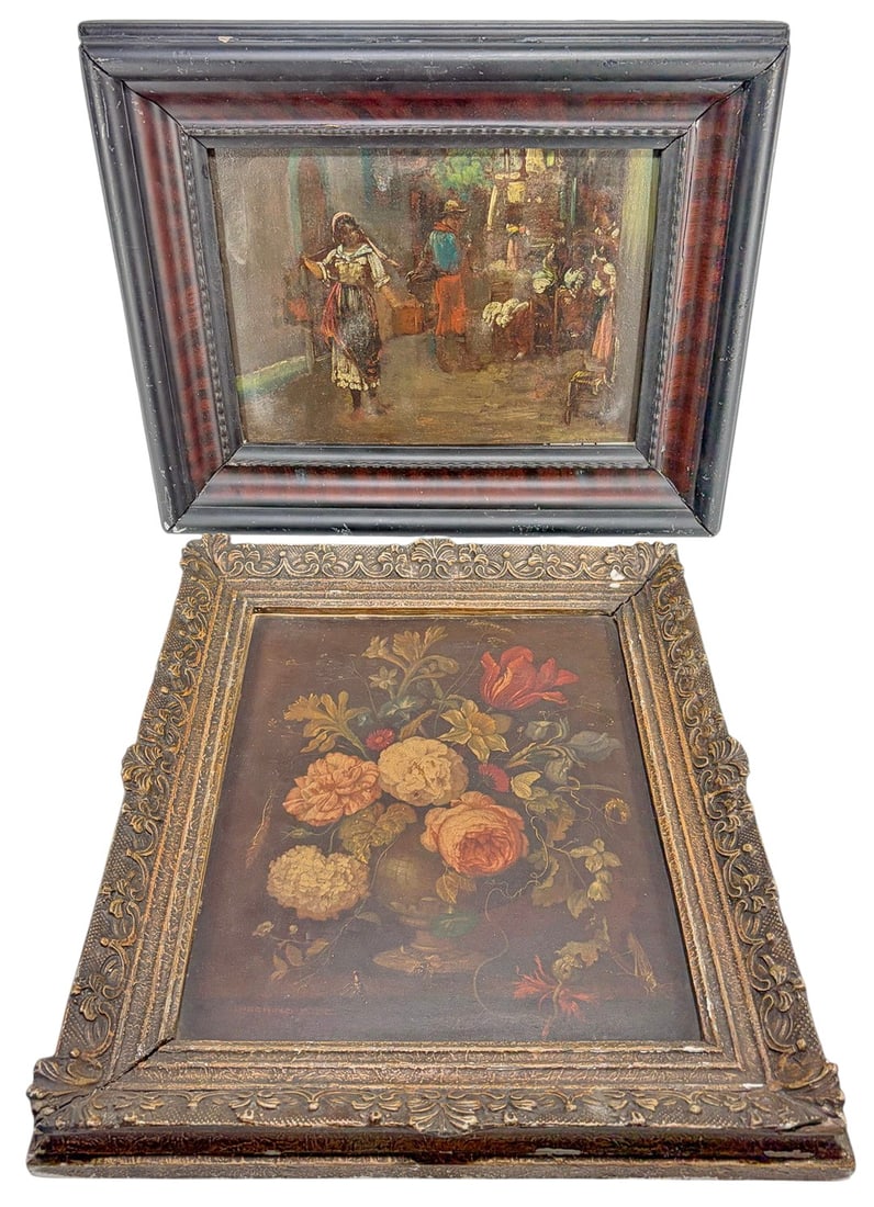 VTG Oil on Wood & Floral Still Life Print 2pc LOT: Continental school, vintage oil on wood panel interior scene with figures in traditional dress, warm tonal palette, together with a floral still life print after a classical composition, both framed, 