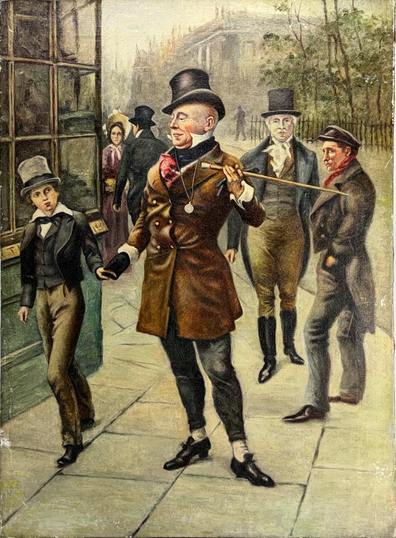 After Harold Copping, Mr Micawber Oil on Canvas: After Harold Copping (1863-1932) depicts a scene from Charles Dickens novel Davis Copperfield featuring the charismatic character Wilkins Micawber walking with the young David Copperfield on the stree