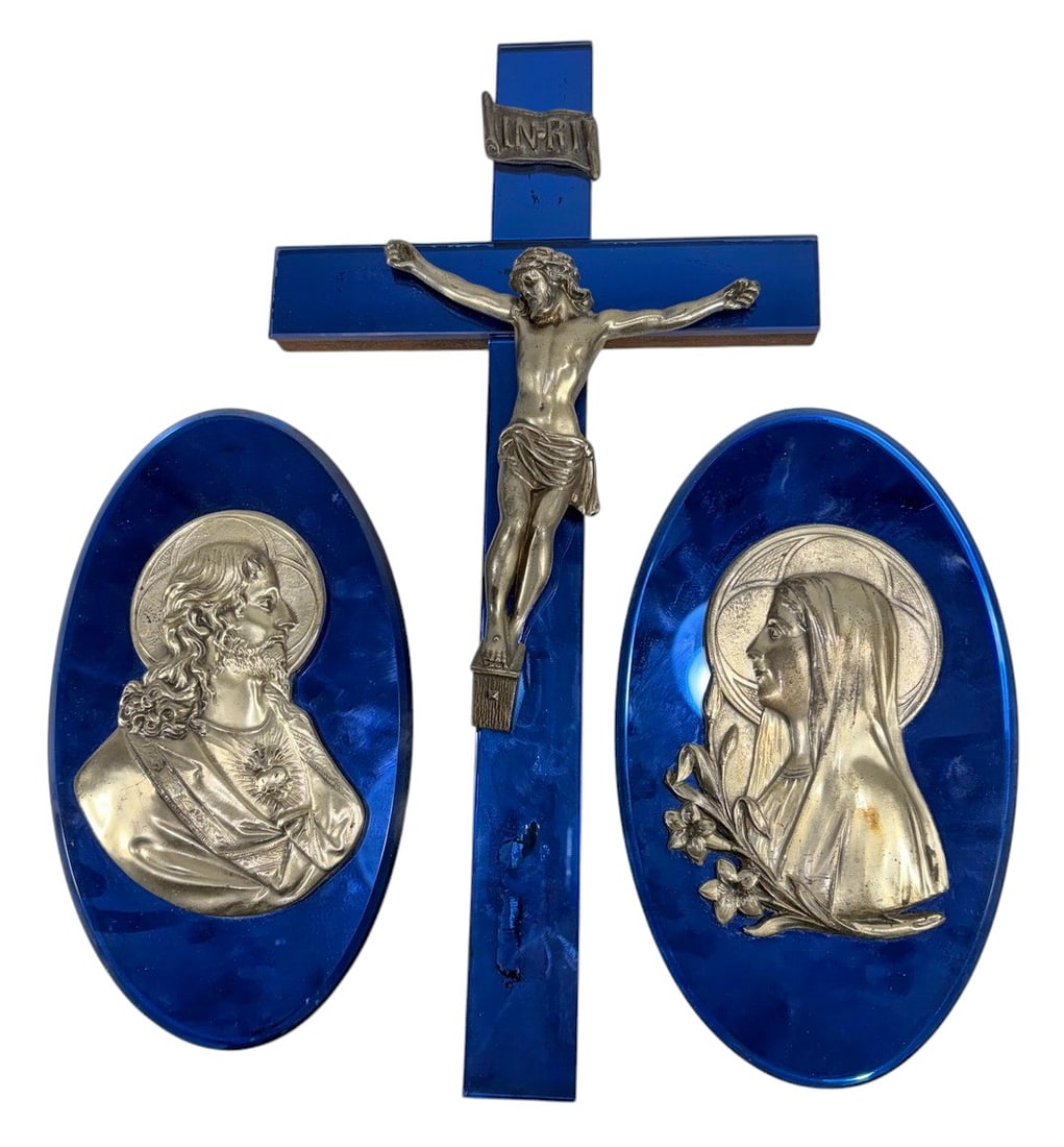 Religious Blue Glass & Metal Cross & Plaques 3 pcs (1 of 5)