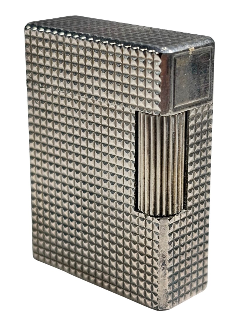 S.T. Dupont Ligne 1 Silver Tone Lighter with Box: S.T. Dupont Ligne 1 silver tone lighter with original box and papers, rectangular form with diamond point pattern, vertical roller striker and hinged lid, base is marked 'S.T. Dupont Paris Made in Fra
